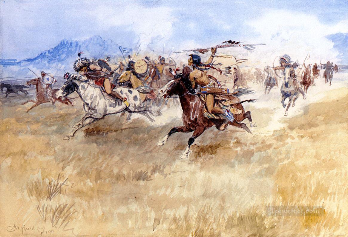 der Kampf zwischen den Blackfeet und den Piegans 1897 Charles Marion Russell Indianer Ölgemälde